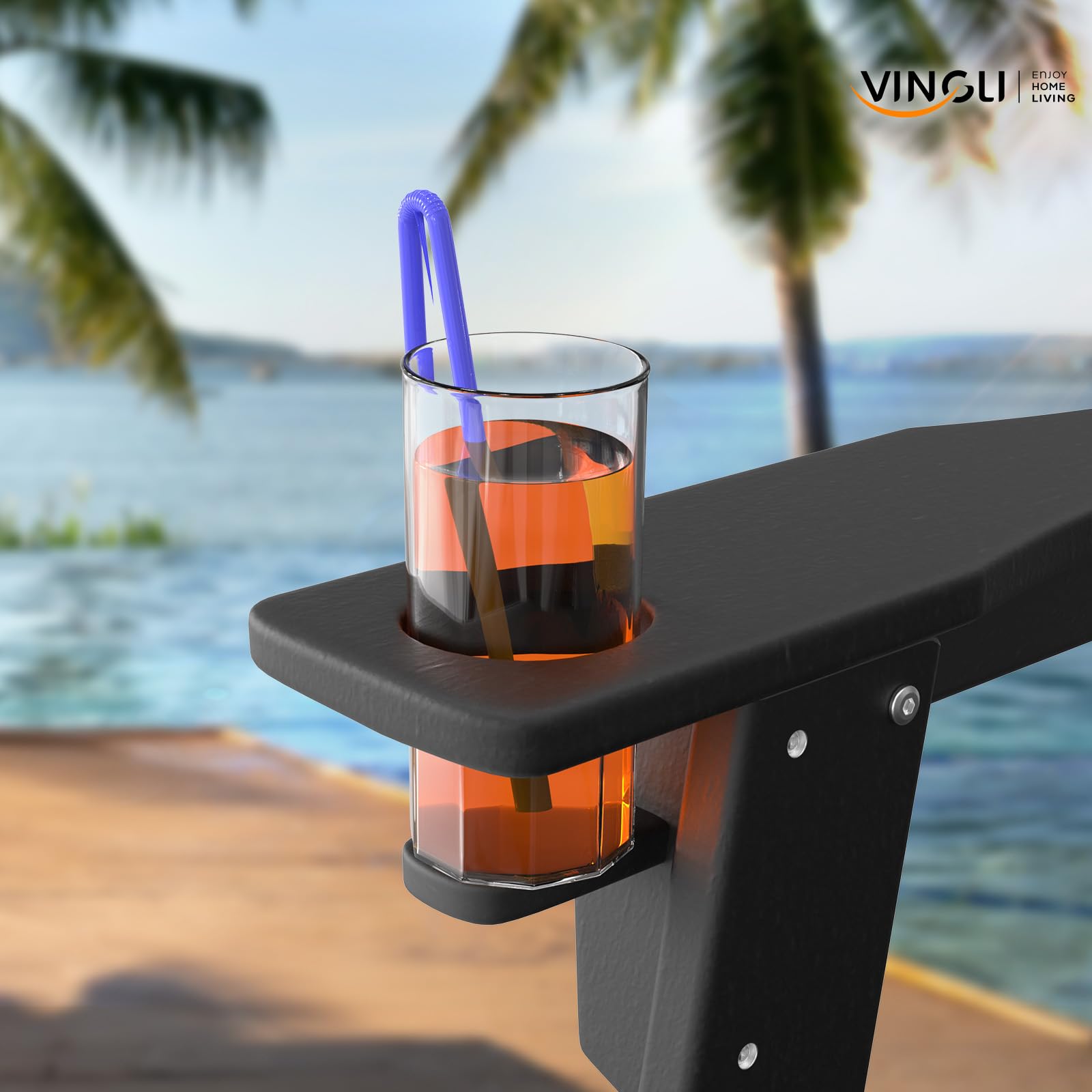 VINGLI Adirondack Stuhl aus HDPE-Kunststoff, Outdoor Gartenstuhl Klappbar mit Getränkehalter, Wasserdichter Gartensessel bis 172 kg belastbar, für Garten, Terrasse, Pool, Feuerkorb, Schwarz