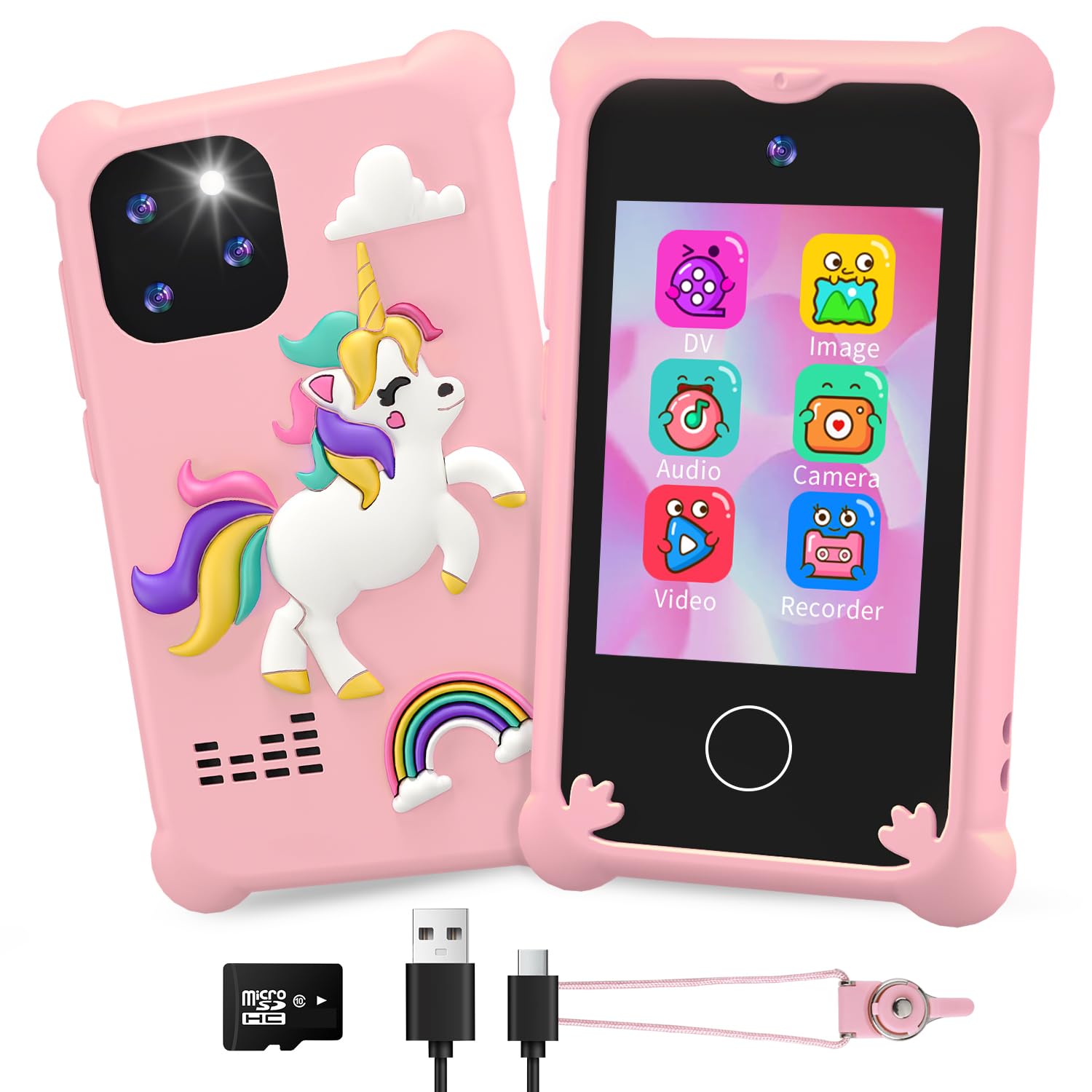 Teléfonos infantiles para niñas, teléfono portátil de juguete y teléfono falso para niños con pantalla táctil de 2.8 pulgadas, unicornio de cámara dual para niñas de 3, 4, 5, 6, 7, 8, 9, 10, 11