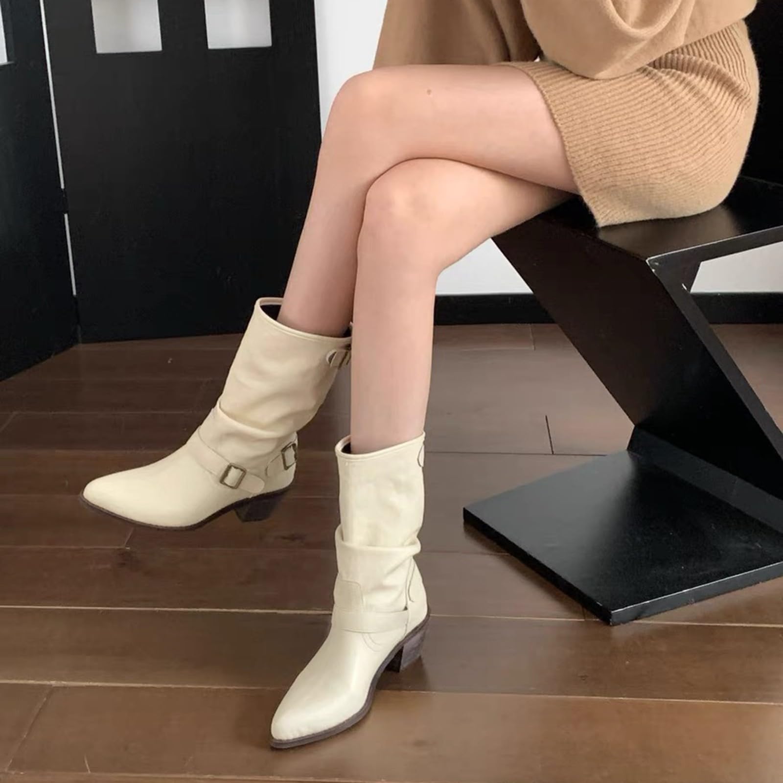 Stivali da cowboy da donna in pelle, con tacco, stivali western, con fibbia, a mezza gamba, in pelle, con tacco a blocco, a mezza altezza