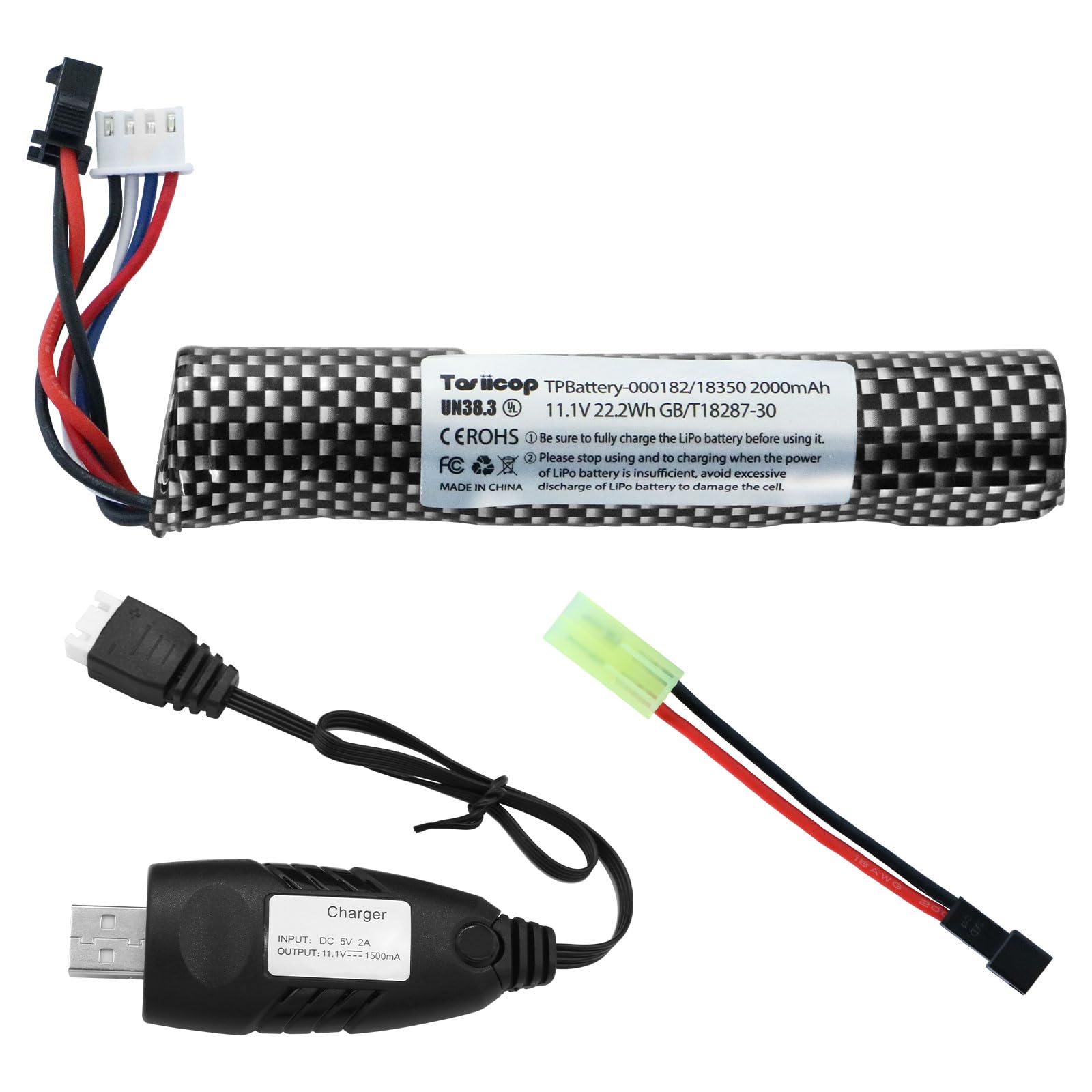 Airsoft Gel Blaster Battery - 11.1V 2000mAh Water Bead Splatter Ball Batteries with Mini Tamiya to SM2P Plug Rechargeable Charger Cable for Splat Ball Replacement - 1 Pack