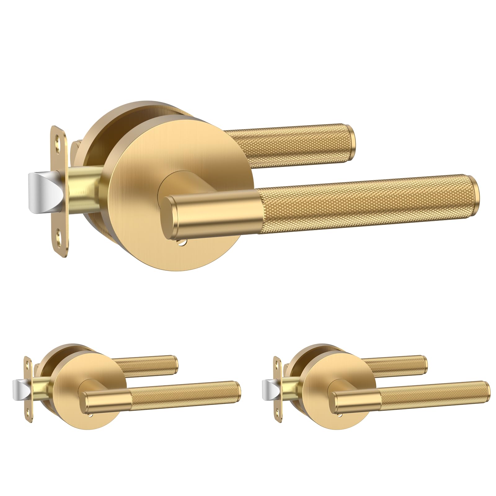Photo 1 of Amerdeco 3 Pack Champagne Bronze Door Handles Interior, Knurled Privacy Door Handles, Heavy Duty Door Lever for Bedroom or Bathroom, Reversible Keyless for Left Right Handed Doors AM0016 ASIN