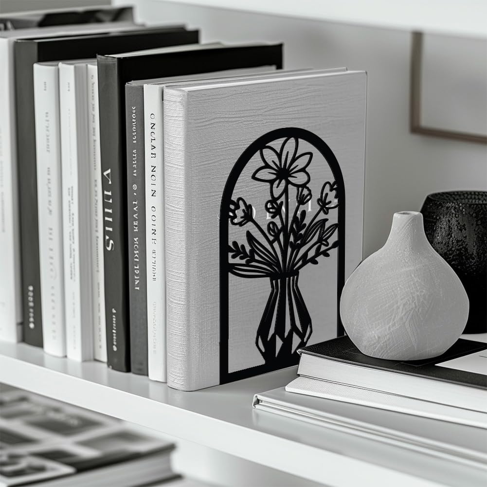 Peacoblue Metal Book Ends Stopper Holder Stand for Shelves Decorative 13.46x10.9x20cm Modern Creative Heavy Duty Study Bookends Stoppers Holder Stand for Desk Shelf 1 Pair (Vase with Flowers) - Image 4