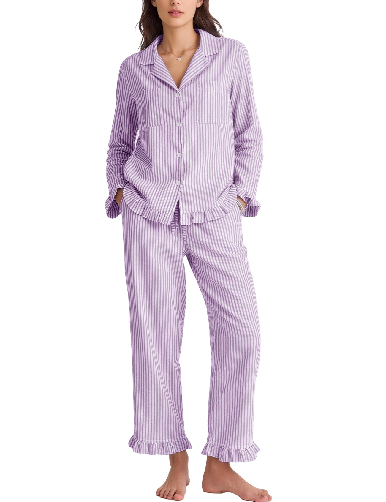 Damen Schlafanzug Baumwolle Langarm Pyjama Gestreift Zweiteiler Set Y2K