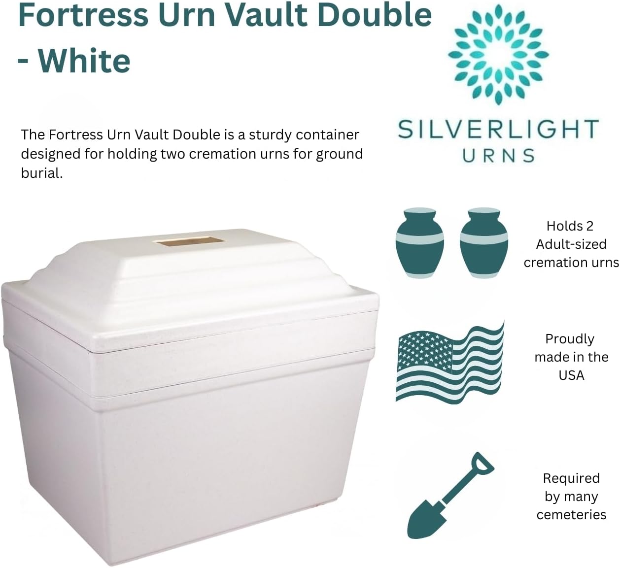 Fortress Urn Vault Double in White, Urn Vault for Two, Companion Urn Vault for Ground Burial, Holds Two Adult Cremation Urns for Human Ashes, Durable Cremation Urn Vault for Cemetery Burial