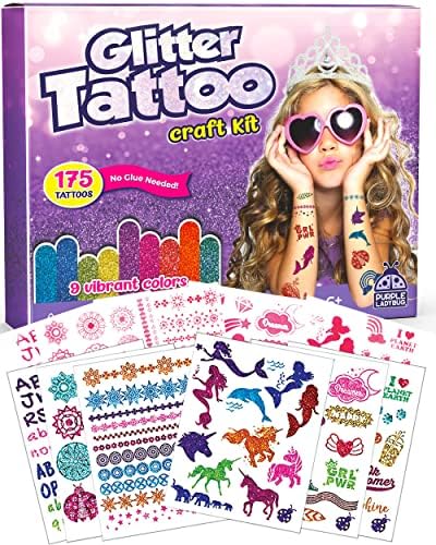 PURPLE LADYBUG 175 Designs Glitter Tattoo Kit for Kids - Cool Tattoos for Kids, Girl Gifts age 8-10 Years Old, Tween Girls Gifts Idea - No Mess Face & Body Glitter Tattoos Temporary for Girls