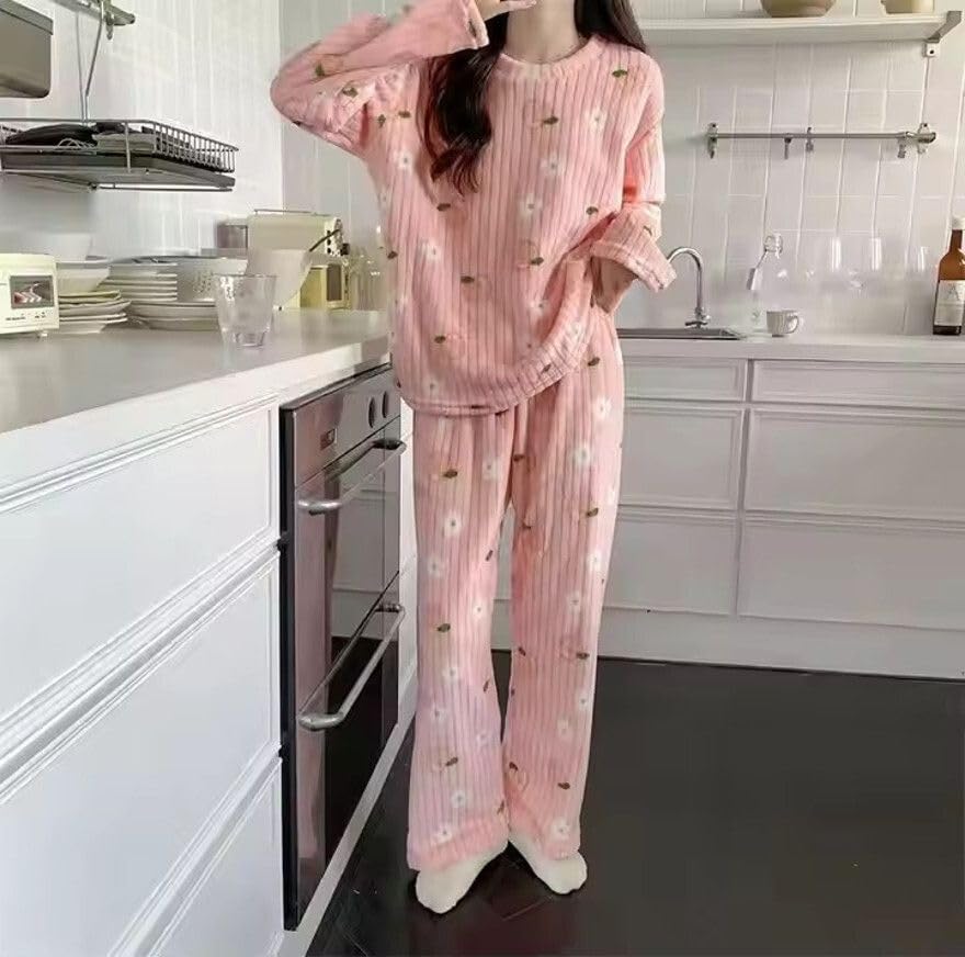 pocket friend women pajama set women's soft winter fleece nightsuit set rn print wtr n.suit pink l