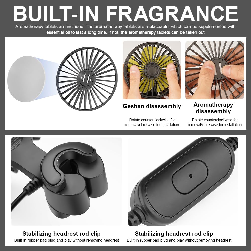 Ventilateur Voiture USB pour Siège Arrière, Refroidissement Silencieux Ventilateur pour Voitures avec 3 Modes de vent fort et Rotation à 360°, pour Voiture, SUV, RV, Camion, Van