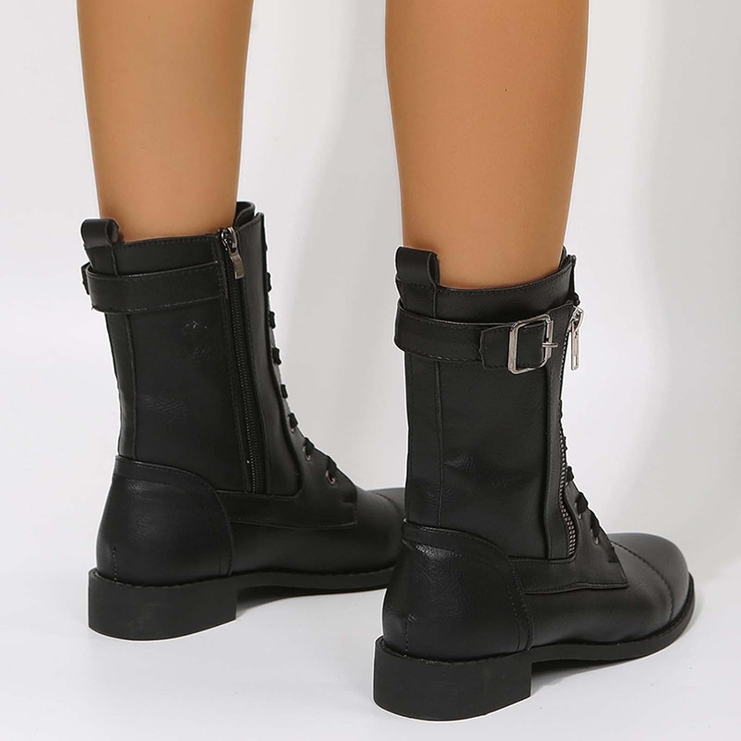 oiangi Womens Winter Boots 2022 Fashion Round Toe Lace Up Side Zipper Belt Buckle Block Chunky Low Heel Mid Calf Boots Solid Dressy Casual Comfy Ladies Shoes
