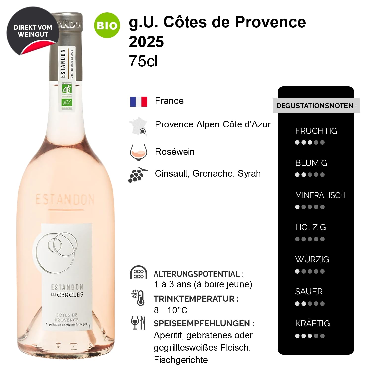 Côtes de Provence Les Cercles Roséwein 2025 - Bio - Estandon - Rebsorte Cinsault, Grenache, Syrah - 6x75cl