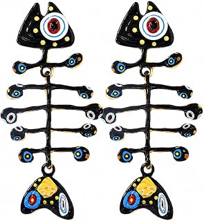 Black Fish Skeleton Statement Earrings for Women, Hand Painted Enamel Fishbone Dangle Earrings, Artistic Novelty Jewelry for Party Vacation