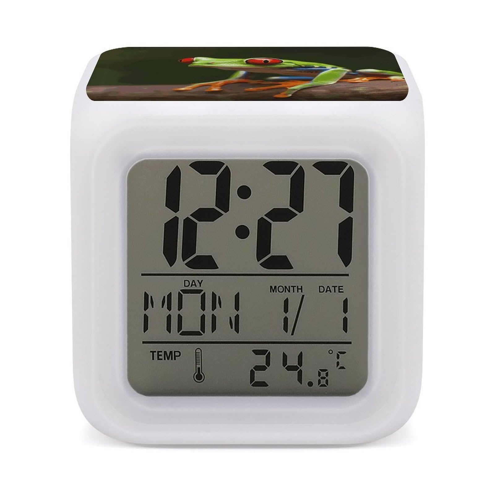FekiLoot Red Eyes Tree Frogs Alarm Clock for Heavy Sleepers Small Digital Alarm Clock with Date Temperature Wake Up Digital Clocks with 7 Colors Changing Desk Clocks for Bedroom Bedside Nightstand