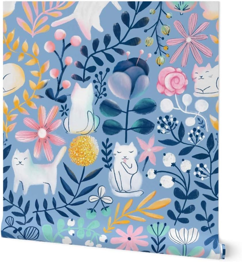 Peel & Stick Wallpaper 3ft x 2ft - Spring Cats Floral Cat Summer Custom Removable Wallpaper by Spoonflower