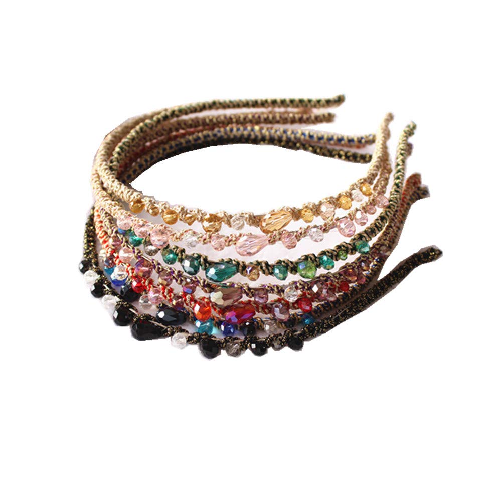 7 diademas antideslizantes con cuentas finas de cristal para mujer, con cierre de lazo con purpurina, bandas elásticas para el pelo para accesorios para el cabello de boda (amarillo, rosa