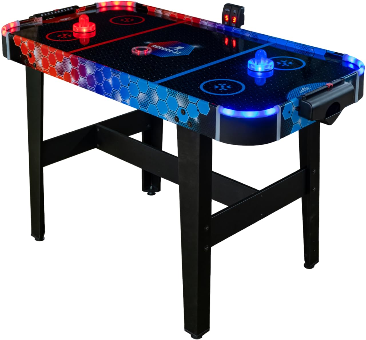 Carromco Aurora-XT Grande Table de Jeu pour Enfants/Adultes avec air 131 x 62 x 79 cm, pour 2 Joueurs à partir de 7 Ans, avec poussoirs et palets de Hockey sur air à LED