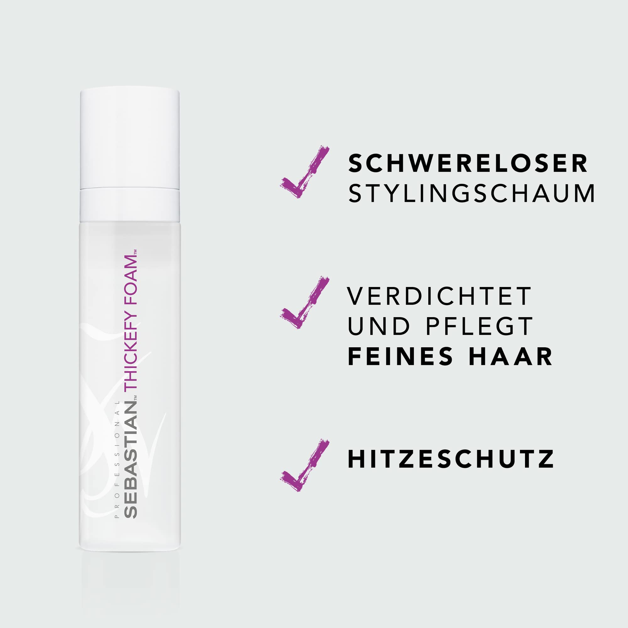 SEBASTIAN PROFESSIONAL THICKEFY – Schaumfestiger mit Hitzeschutz (190 ml) – pflegender Volumenschaum für feines Haar mit flüssig-schaumartiger Technologie – stylt und schützt