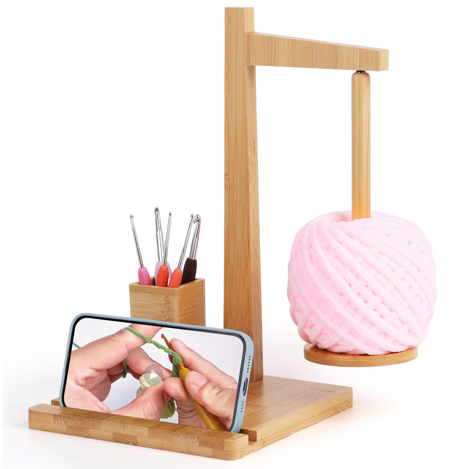 Reessy Yarn Holder Magnetic, Wooden Yarn Holder for Crochet, Multi-functional Yarn Spinner with Phone Stand and Crochet Storage, Large Wool Holder when Knitting and Crocheting