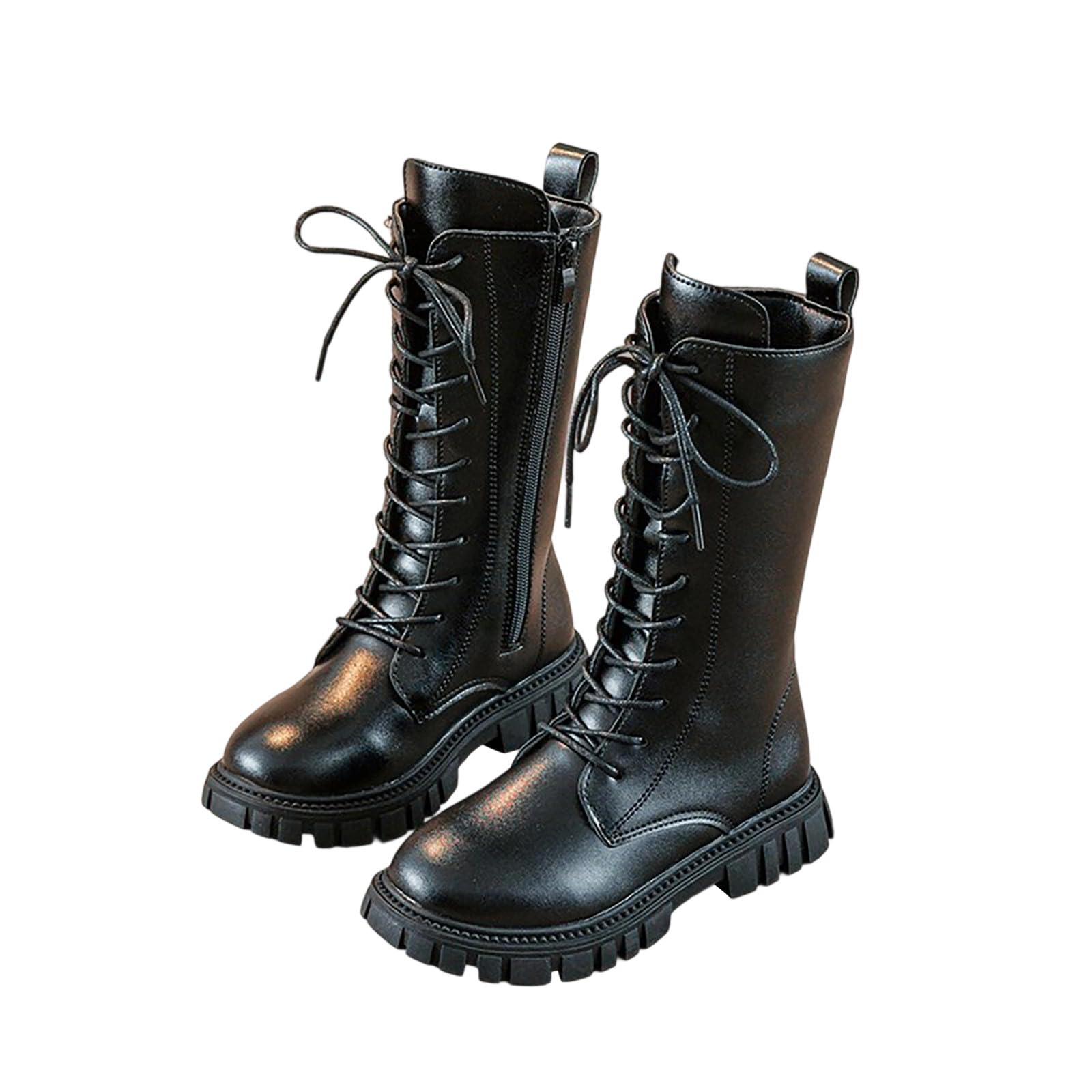 Girls Riding Boots Side Zipper Lace-Up Mid Calf Combat Shoe Fall Winter PU Leather Goth Boot Little Girl