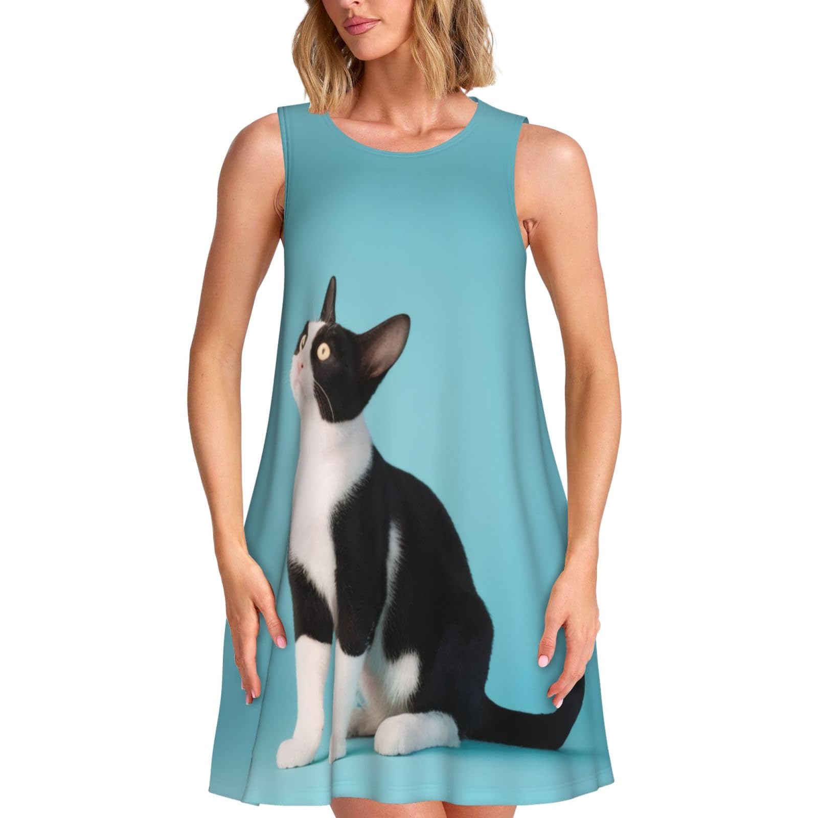 XKBFKLKMC Summer Dresses for Women Cat Print - Crew Neck Casual Sundress, Sleeveless Tank Dress with Pockets, Fashion Beach Dress