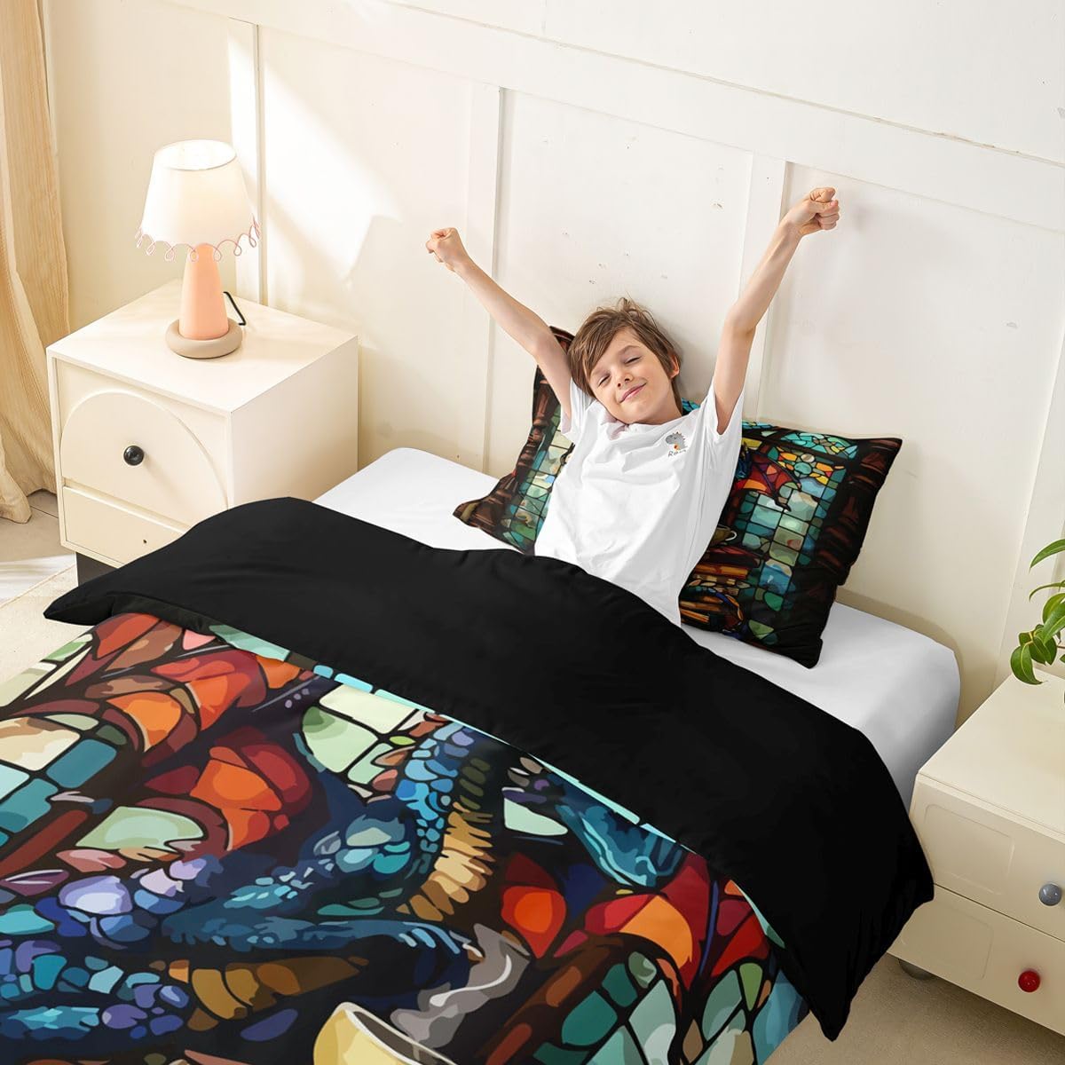 jejeloiu Dragon Duvet Cover Toddler Size Dragon Stained Glass Bedding Set for Boys Girls Boho Comforter Cover Bedroom Decor 2Pcs