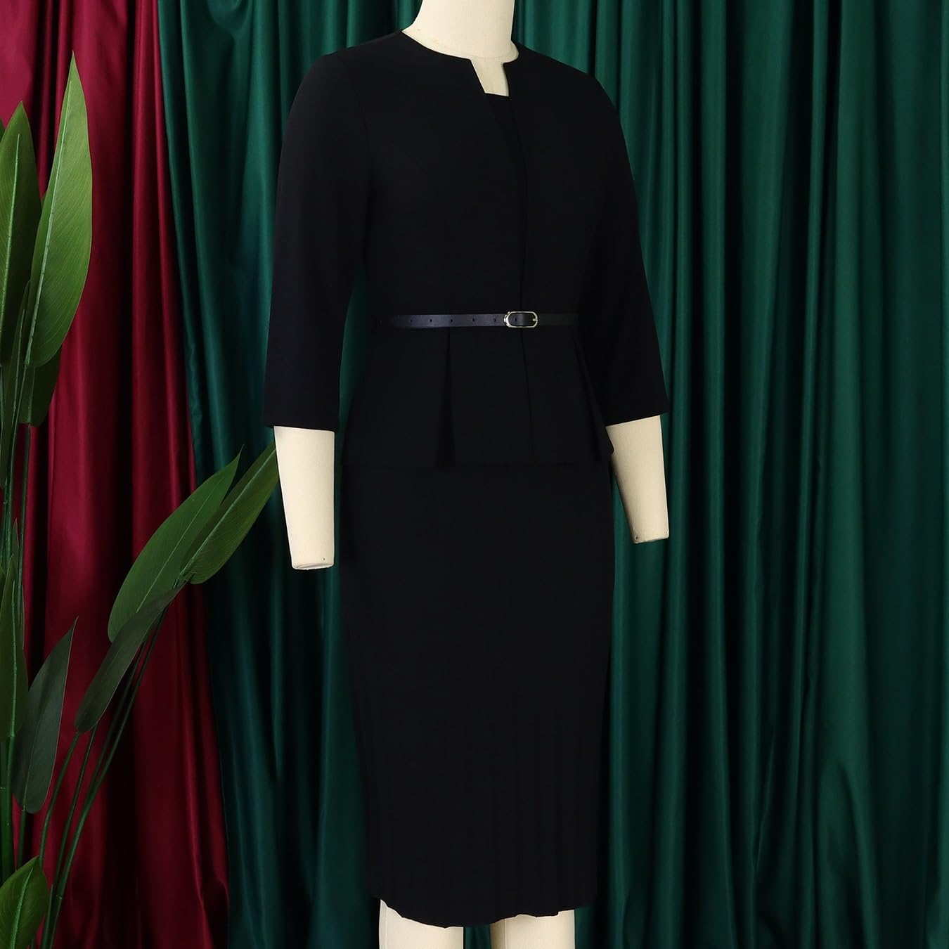 Abito A Tubino Vintage Da Donna Con Peplo E Vita A Balze, Da Ufficio Abito Midi Aderente Con Scollo Rotondo, Maniche A 3/4 E Cintura