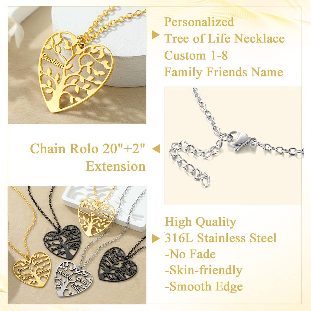 Custom4U Collana Cuore con Nome Personalizzat 1/2/3/4/5/6/7/8 Nome Collana Acciaio 50+5 CM Alta Qualità Famiglia Nome Traforate Albero della Vita Portafortuna BFF Regalo Creativo