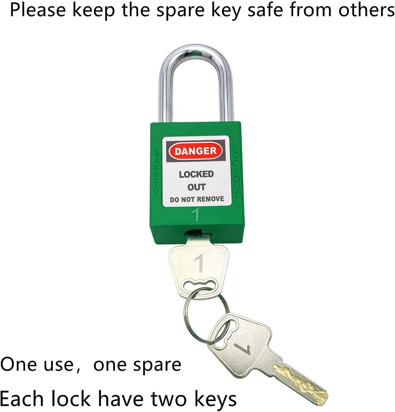 SAFBY 50 cerraduras de bloqueo diferentes con llave con 50 etiquetas de bloqueo – Candados Loto Safe para bloquear estaciones y dispositivos (1-50 verde)