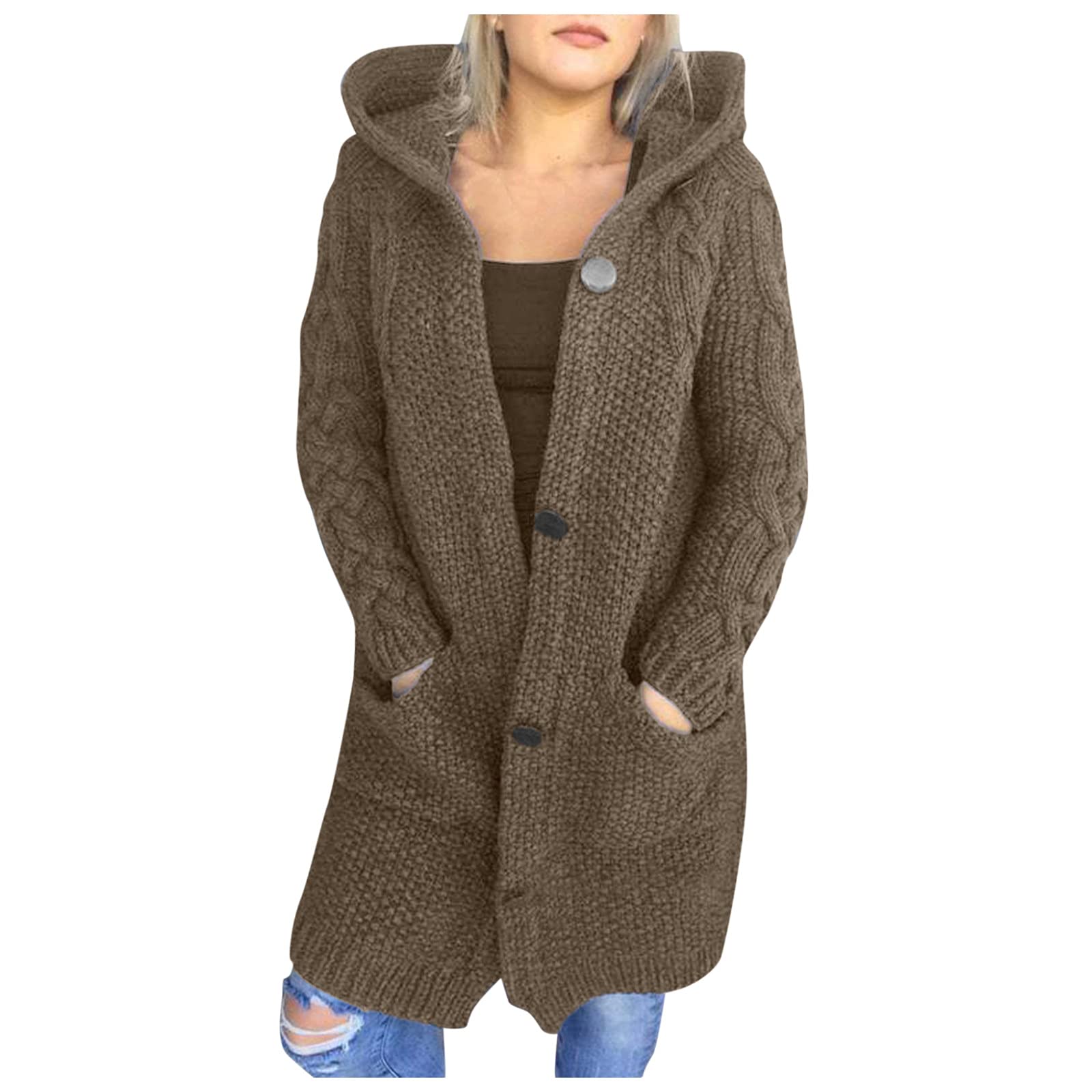 Baggy Cardigan Coat Women Winter Fashion Long Sleeve Solid Color Knitted  Hooded Sweater Cardigan Open Front Long Cardigan Festival Gifts for Ladies