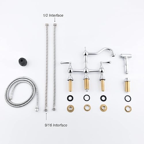 Miniatura 8 de Grifo de fregadero de cocina con rociador lateral extraíble, boquilla giratoria de doble mango en forma de puente moderna y elegante, construcción