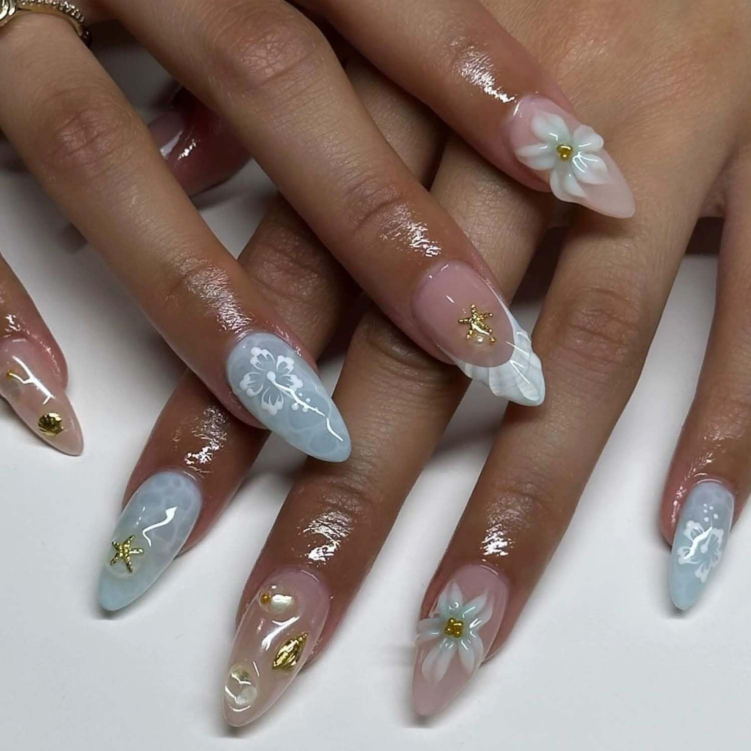 Summer Ocean Press on Nails Almond Shape Fake Nails French Tip False Nails 5D Embossed Glue on Nails with Shell Starfish Design Blue Beach Waves