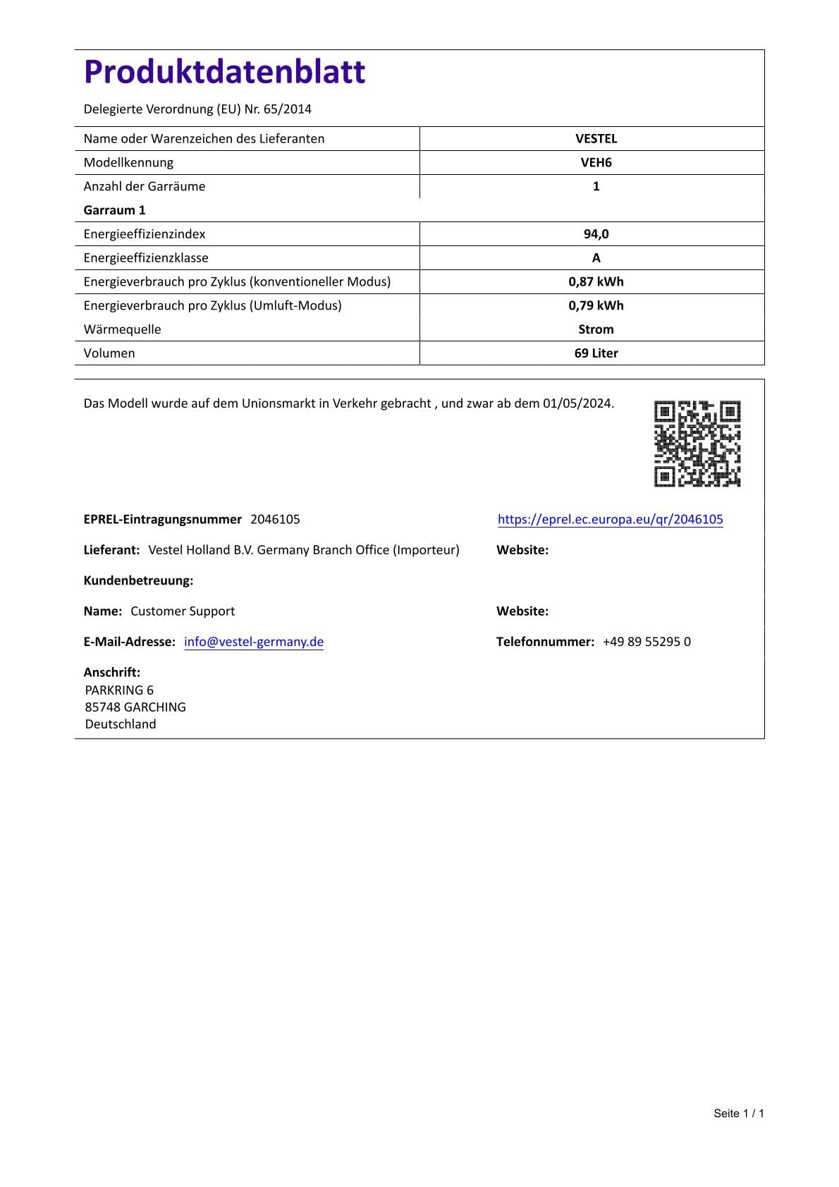 Vestel VEH6 Herd-Set 6 Funktionen Kochfeld mit zweikreis Bräterzone 69 Liter 2-fach Türverglasung Schwarz