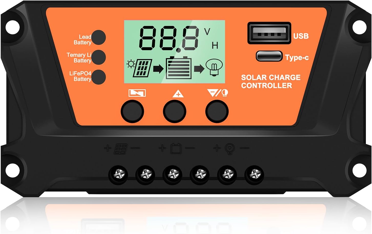 10A PWM Solar Charge Controller 12V/24V Intelligent Regulator with USB 5V/2A and Type-c Outputs, Auto Parameter LCD Display and Timer Setting ON/Off Hours