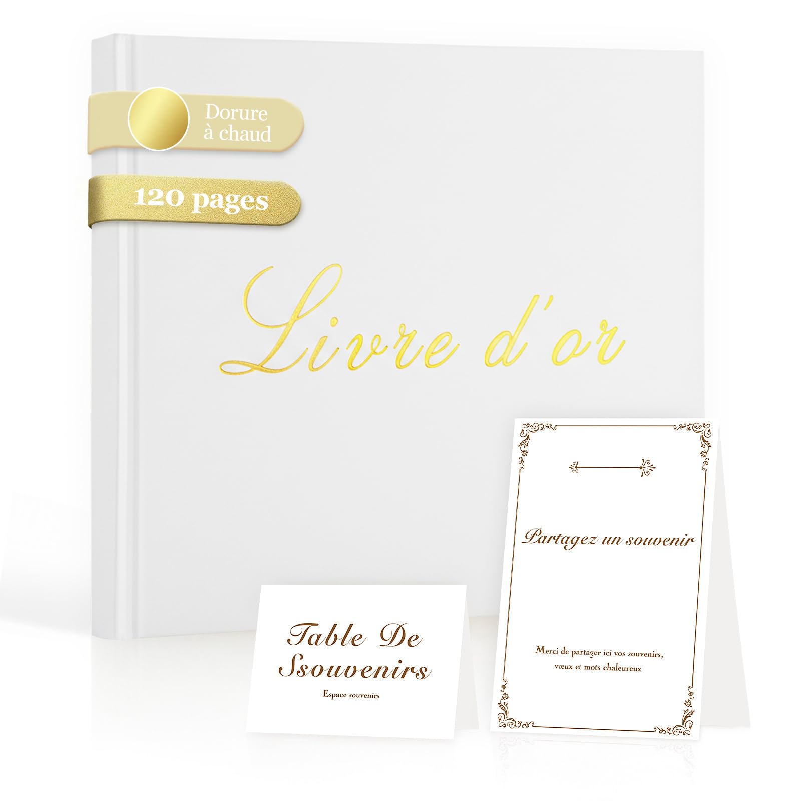 Livre d’or Minimaliste 20×20 cm Couverture Rigide Dorée Papier Épais Anti-Transfert avec Chevalet et Cartes