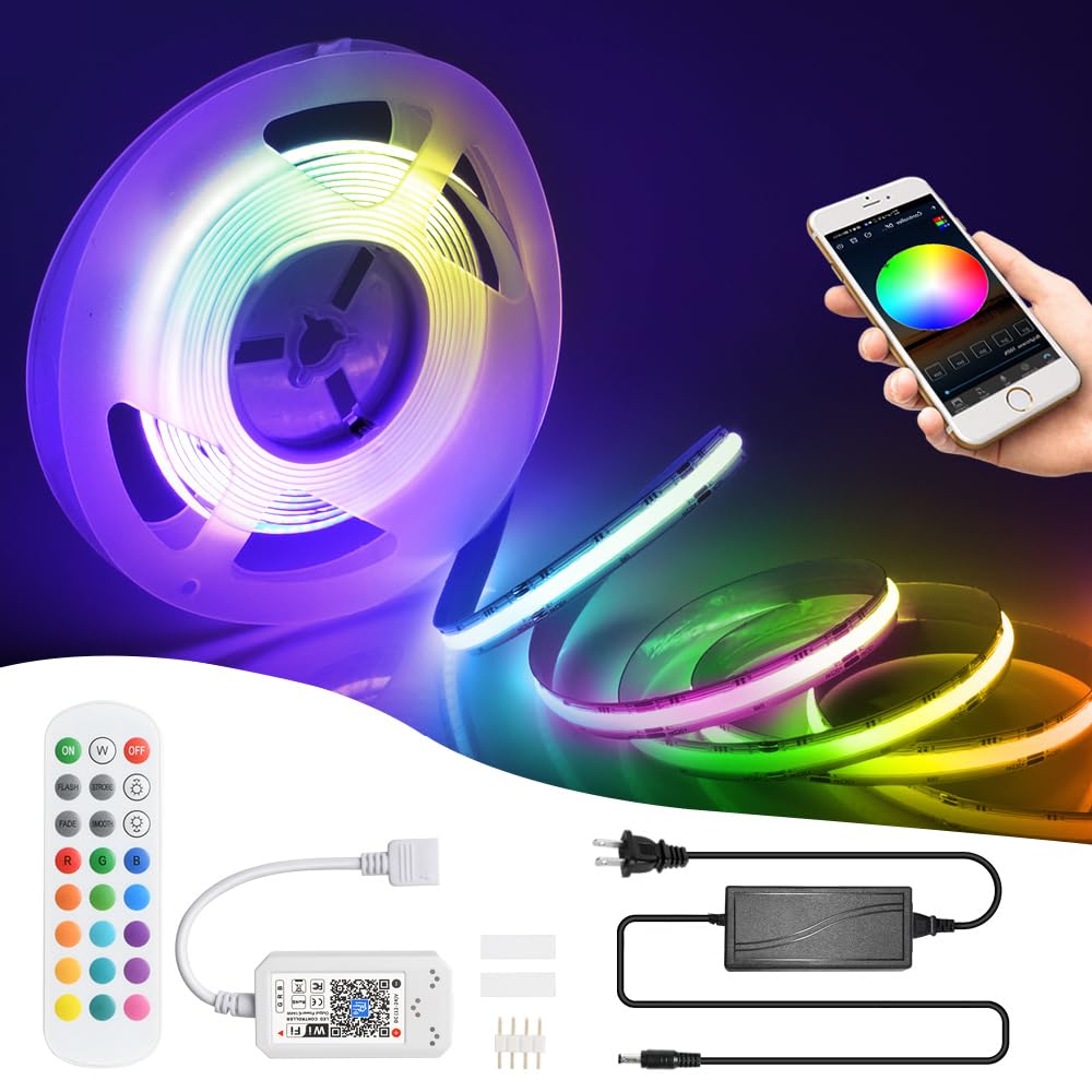 12V RGB COB Led Strip Light 16.4ft/5m, 576Leds/m, Smart Led Strip Lights Dimmable with APP Control, Music Sync, Alexa/Google Compatible, Flexible Led Tape Light for TV Led Backlight, Room Decor