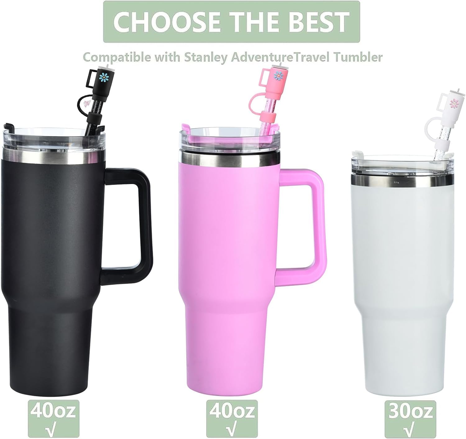 BOZILY Set van 8 roestvrijstalen vervangende rietjes voor Stanley 40 oz Adventure Tumbler, BPA-vrije herbruikbare rietjes met reinigingsborstel en 2 rietjeshoezen voor Stanley Cup-accessoires