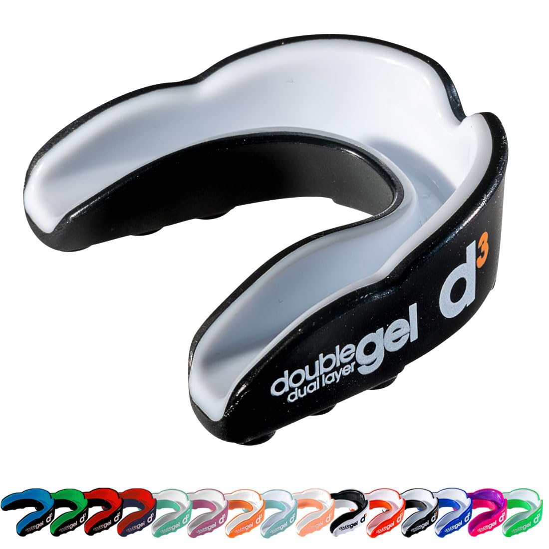 d3 Double Gel Mouthguard wth Case, Adults and Junior Gum Shield for Boxing, MMA, Contact Sports, Rugby, Martial Arts, Judo, Karate, Hockey (Black/White, Youth (Under 12))
