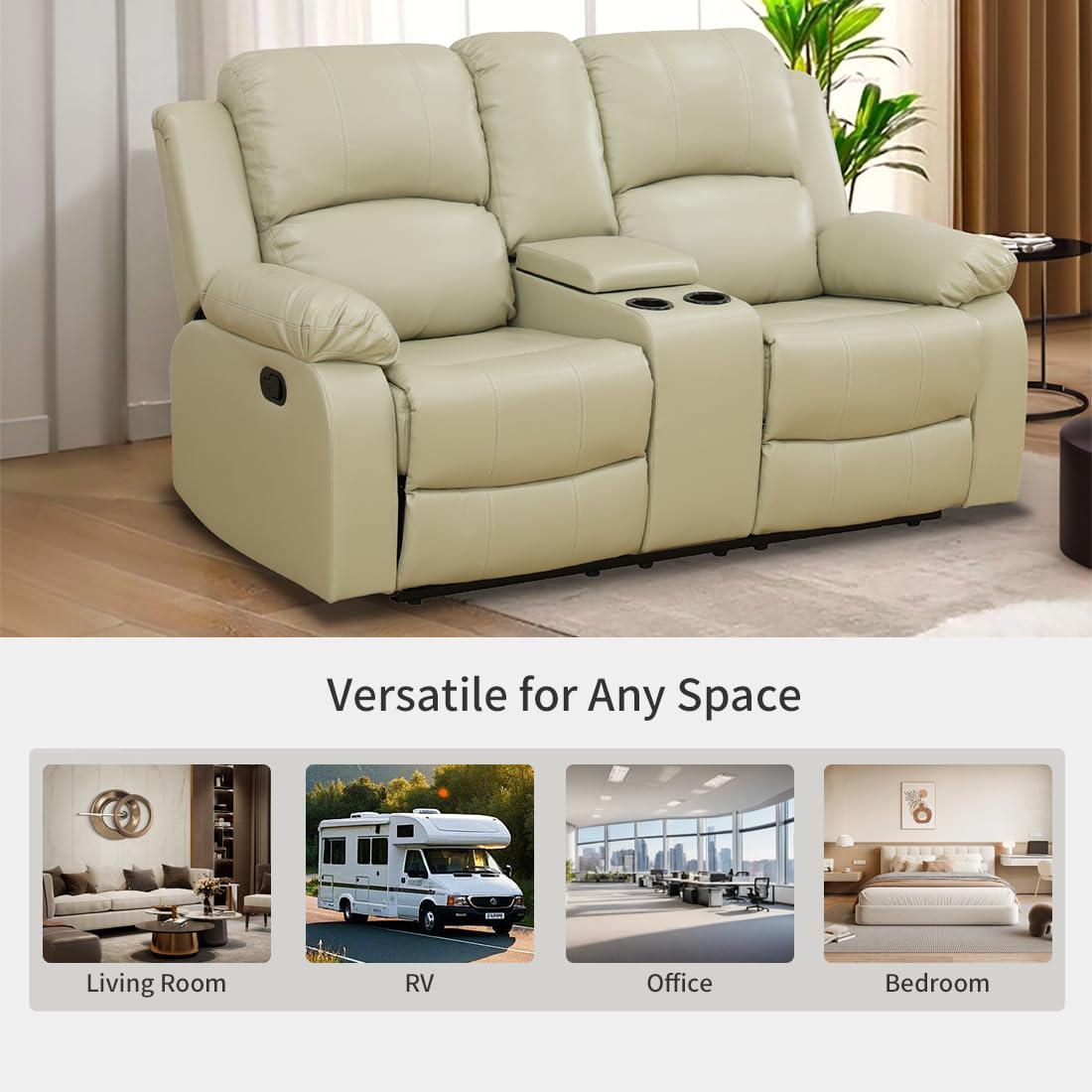 Toseslo Manual Recliner Loveseat Set, Living Room Furniture Sets, 2 Seater Modern Reclining Couches, Beige Leather Reclining Couch Sets with Storage Console/Cup Holder for Living Room/Apartment view 6