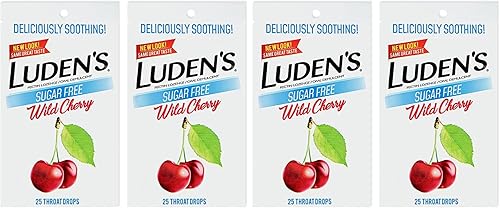 Luden's Gotas de garganta de cereza silvestre sin azúcar, alivio del dolor de garganta, 25 unidades (paquete de 4)