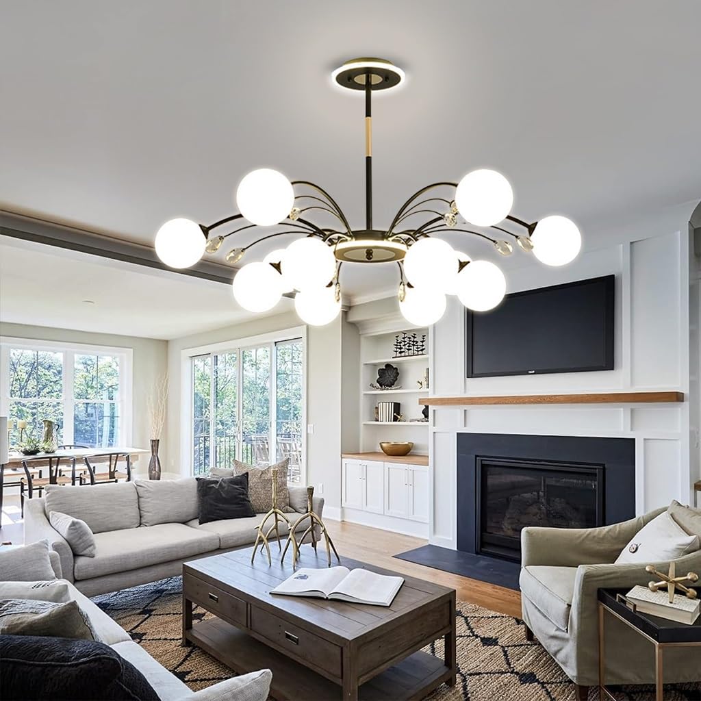 LYSDjia Sputnik Chandelier Gold Modern Chandeliers Mid Century Ceiling Lighting Fixture Crystal decoration Pendant Light with Milk White Glass Shade for Living Room Kitchen Bedroom Dining Room and Far