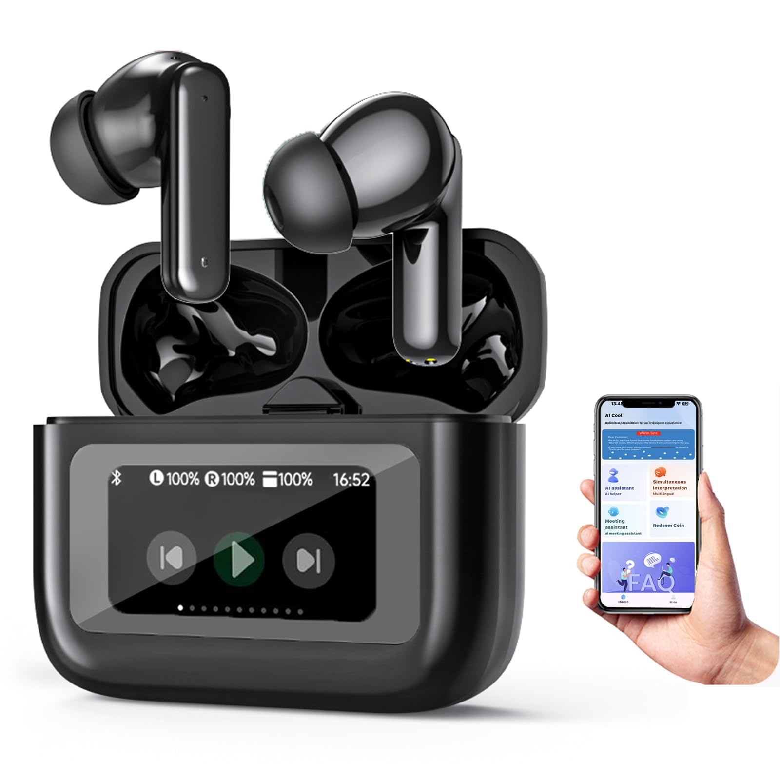 Xmenha AI Language Translator Earbuds AI Headphones Live Language Translation Earbuds Real Time for iPhone Android Touch Screen True Wireless Earbuds Bluetooth Headphones Translate Translating Earbuds