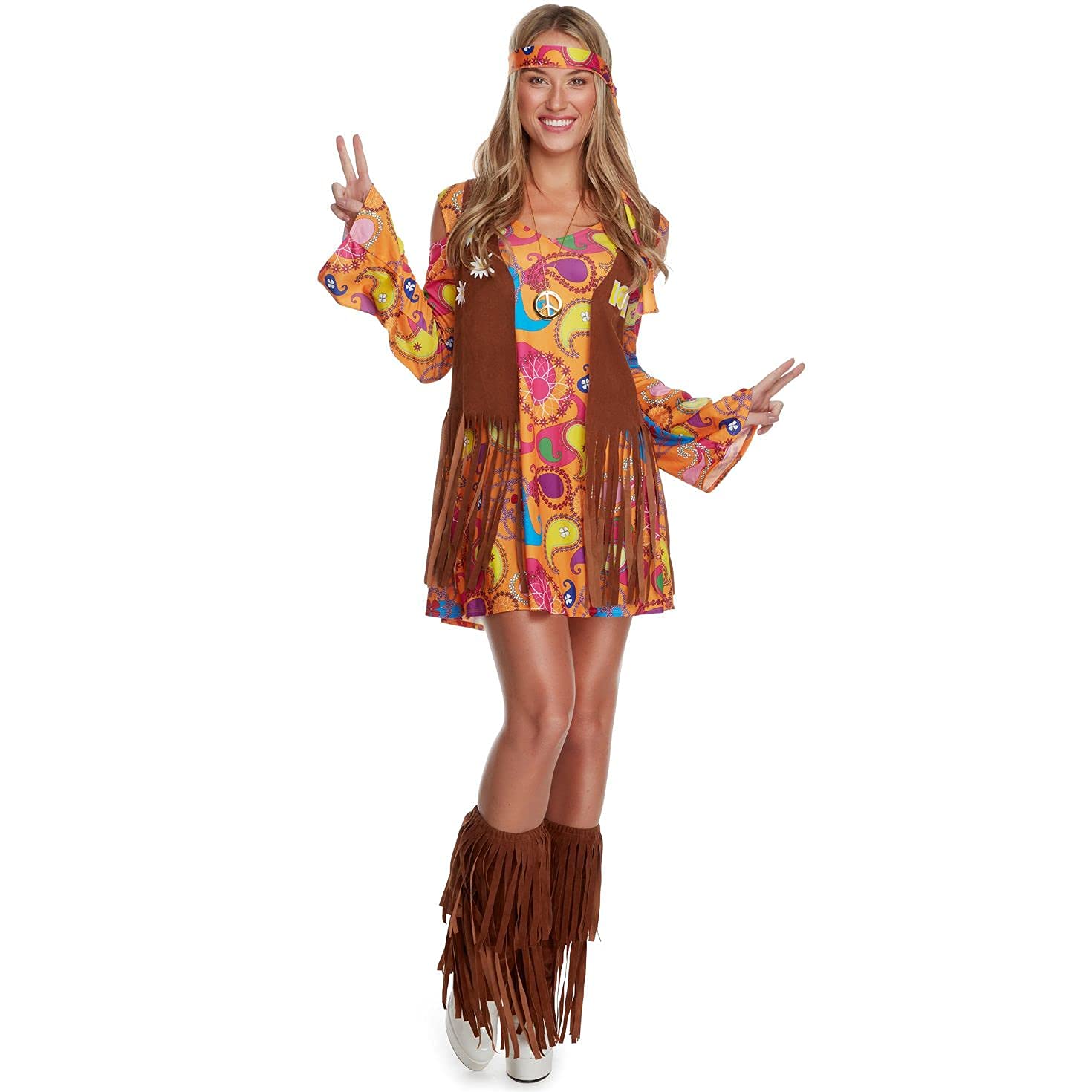 Morph Hippie Kostüm Damen, 70er Jahre Outfit Damen, 70er Jahre Bekleidung, Hippie Kleid, Schlagermove Outfit Frauen, Karneval Kostum Frauen, Fasching