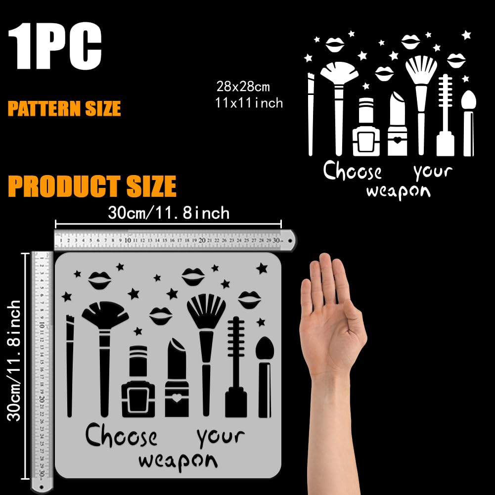 FINGERINSPIRE Choose Your Weapon Stencil for Painting 30x30cm Reusable Cosmetic Brush Template Cosmetic Lipsticks Nail Polish Stencil Lip Stars Pattern Words Template for DIY Crafts Project - Image 2