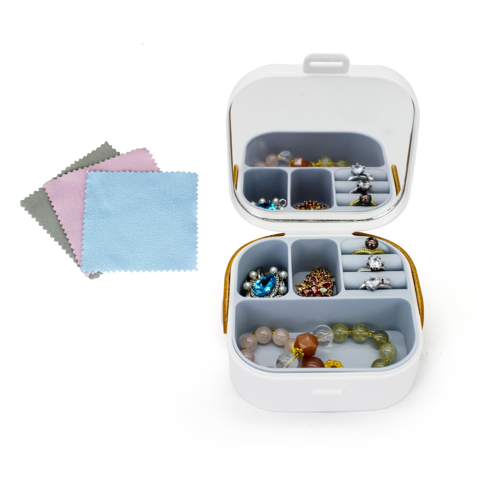 FuninCrea Joyero pequeño con espejo y 3 paños de limpieza para joyas, almacenamiento de joyas, maletín de viaje, joyero portátil para anillos, pendientes, pulseras, Blanco, Clásico
