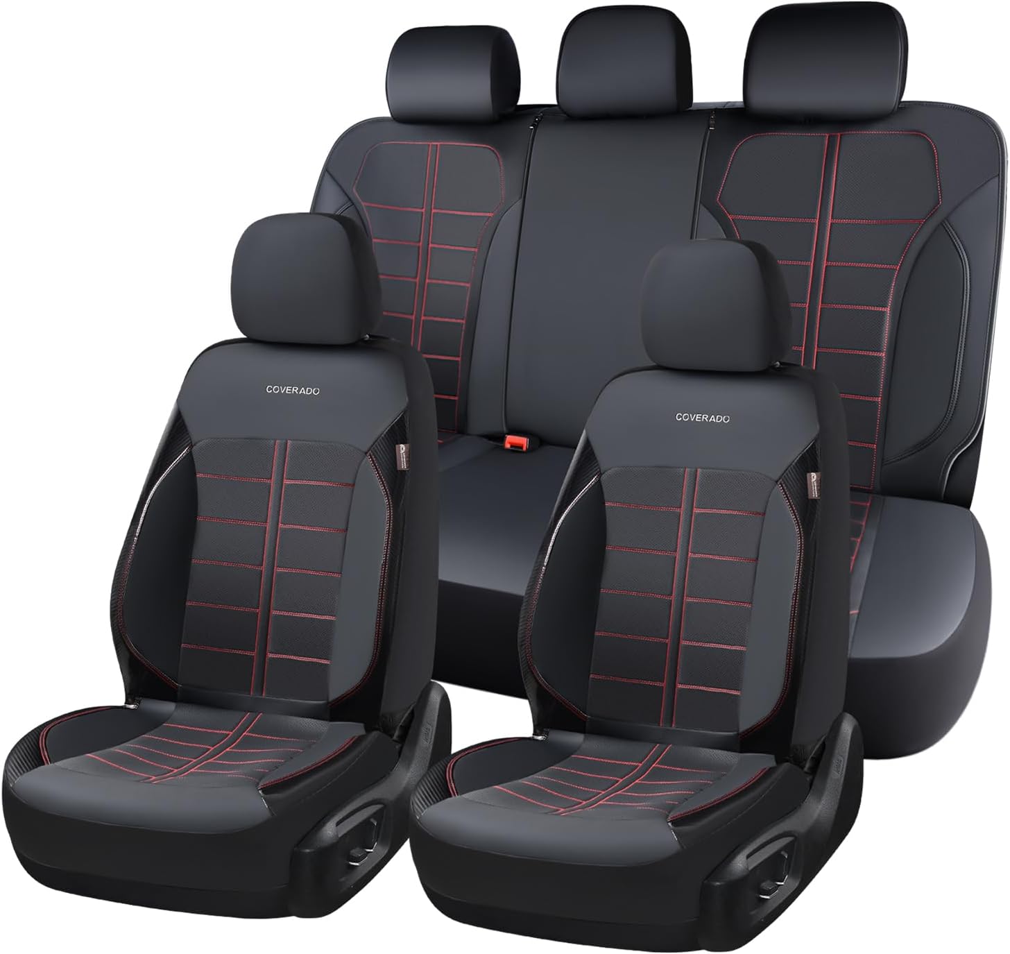 Coverado Full Set Leather Car Seat Covers, Crafted with Full Leather Construction and Carbon Fibre Weave Universal Fit for Most Cars SUV Trucks(Redline