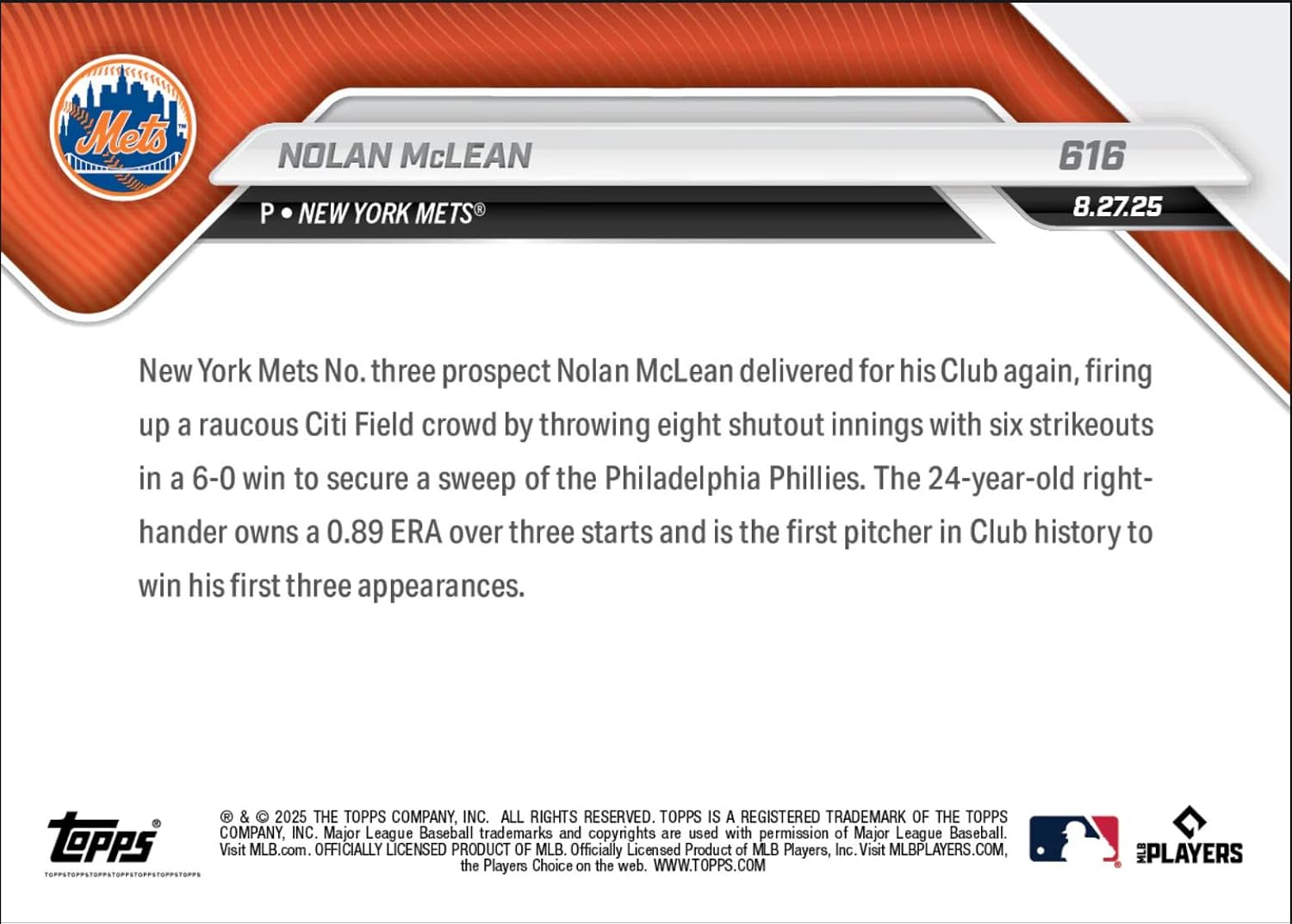 2025 Topps Now Nolan McLean #616 1st Pitcher in Mets History to Win 1st Three Starts New York Mets Rookie RC Baseball Card