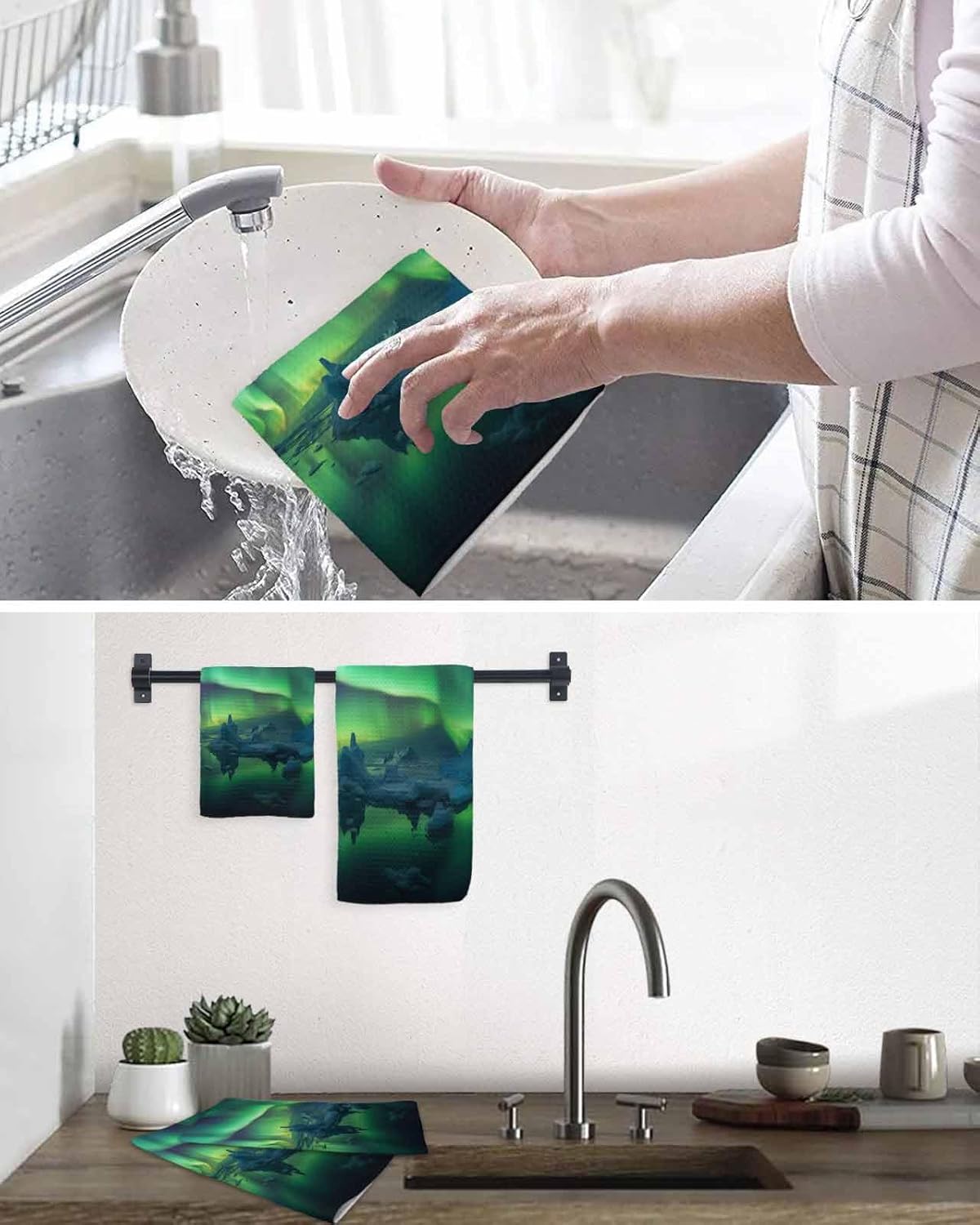 Winter Iceland Dish Towels Waffle Kitchen Towels Set, Absorbent Quick Drying Towel Cleaning Snow Mountain Green Aurora Hand Towels for Bathroom 2 Pack Dish Cloths 15.7""x23.6""
