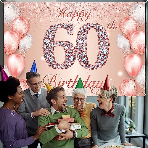 Image of Happy 60th Birthday Rose Gold Banner Cheers to 60 Years Old Backdrop Confetti Balloons Theme Decor for Women 60 Years Old Pink Birthday Party Decorations Bday Supplies Background Favors Gift Glitter