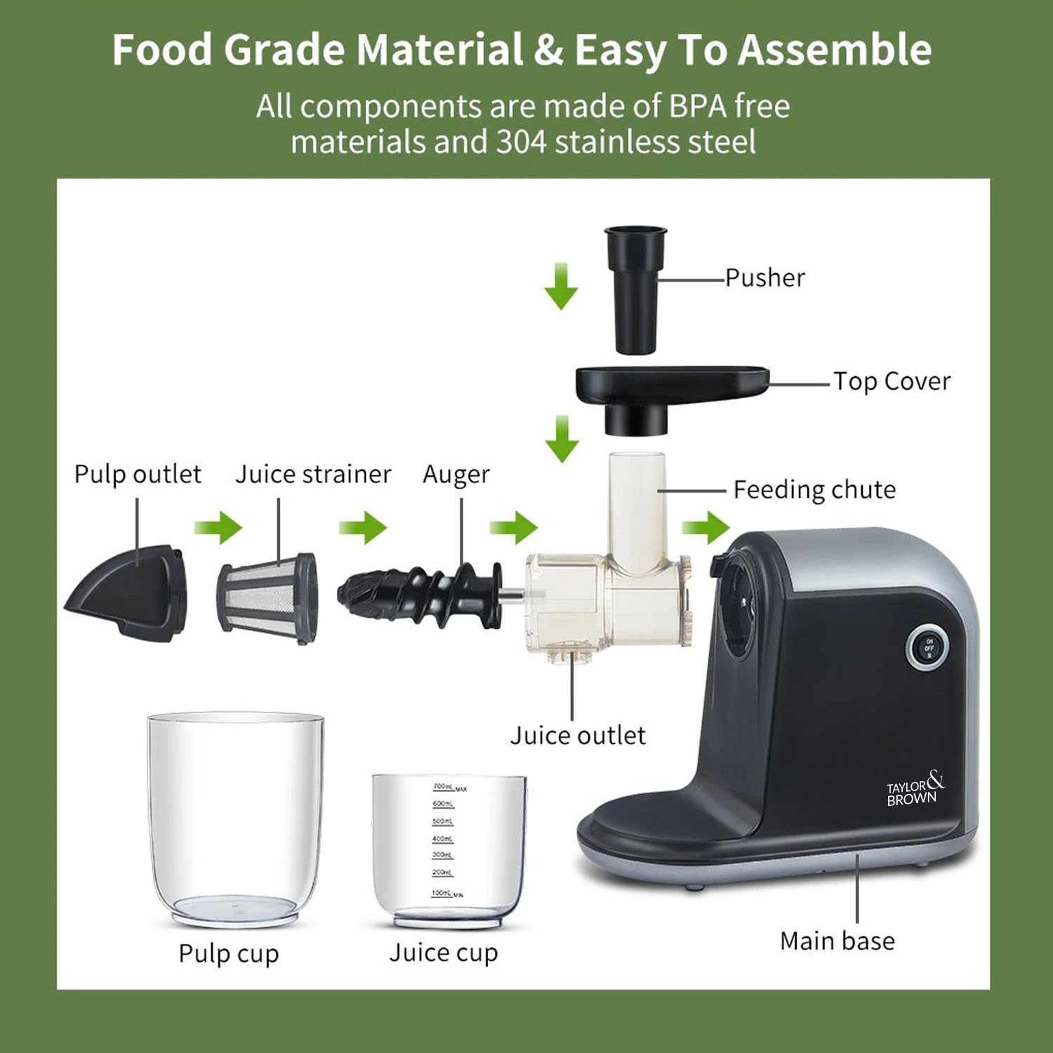 Juicer Machines, TAYLOR & BROWN Slow Masticating Juicers Whole Fruit and Vegetable, Professional Cold Press Juicer Extractor with Quiet Motor and Reverse Function Easy to Clean, Brush Included