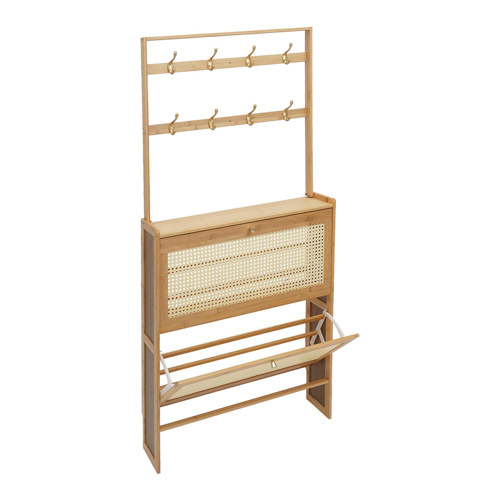 Mueble de zapatos de dos niveles para almacenamiento de zapatos con puerta batiente y ganchos para zapato, bambú, estante de almacenamiento, antipolvo, para entrada/pasillo/familia