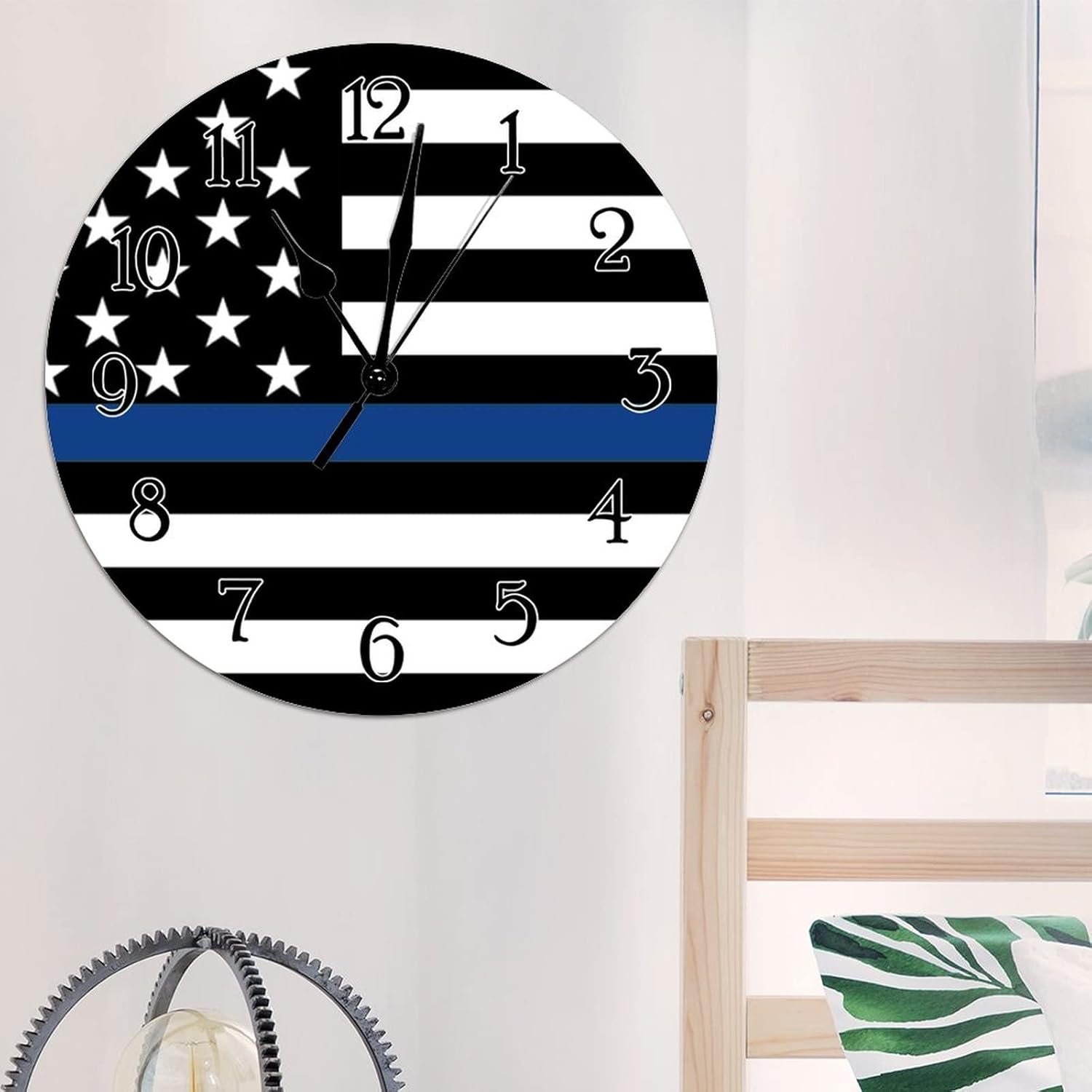 Thin Blue Line Black American Flag Police Flag Wall Clock Tuscan Country Style 15inch Round Wall Clock Thin Blue Line Flag Police Clock Quartz Battery Operated Silent Wooden Wall Clocks