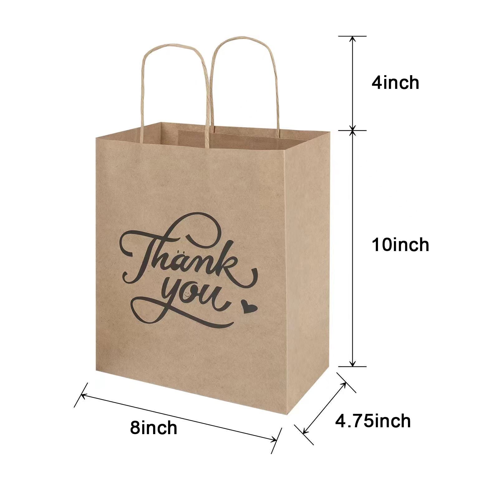 bagmad 100 Pack 8x4.75x10 Inch Medium Brown Paper Gift Bags with Handles Bulk, Thank You Kraft Paper Bags for Party Favors Grocery Retail Shopping Wedding Craft Sacks (Plain Natural, 100pcs Count)